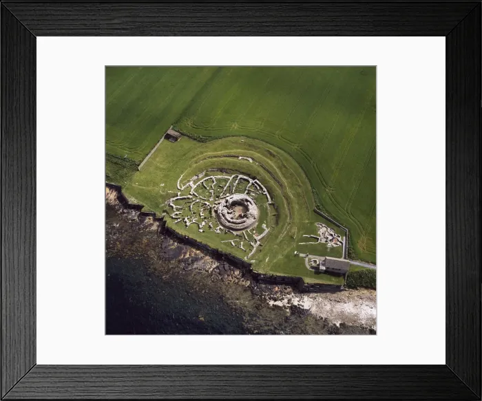 Framed Print : Aerial image of Scotland, UK: The Broch of Gurness, an Iron Age broch with a surrounding settlement on the northwest coast of Mainland Orkney Framed Print : Aerial image of Scotland, UK: The Broch of Gurness, an Iron Age broch with a surrounding settlement on the northwest coast of Mainland Orkney