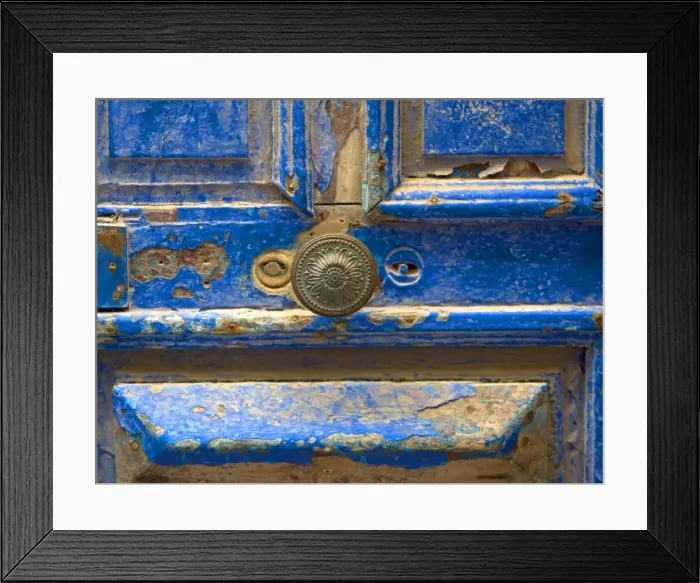 Framed Print : Morocco - close-up of chipped blue door & handle Framed Print : Morocco - close-up of chipped blue door & handle