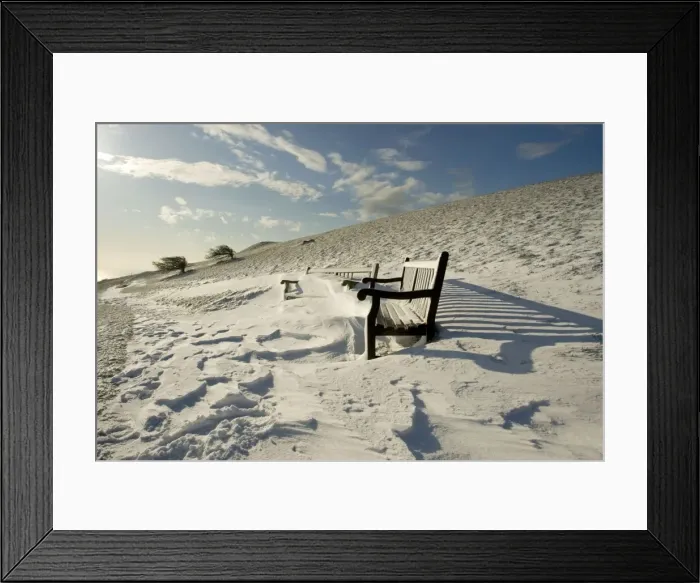 Framed Print : Benches covered in snow - South Downs - East Sussex - United Kingdom Framed Print : Benches covered in snow - South Downs - East Sussex - United Kingdom