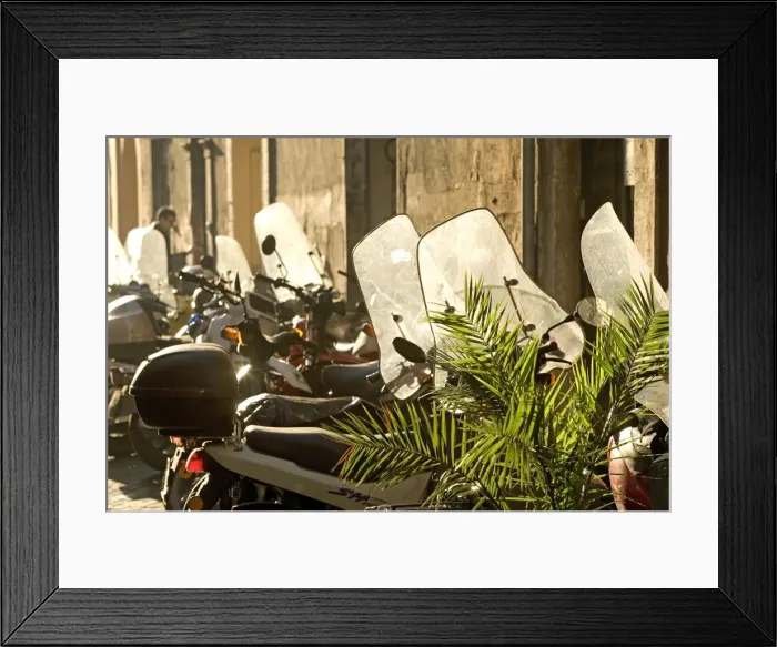 Framed Print : Italy - Rome - street scene with parked mopeds in sunlight Framed Print : Italy - Rome - street scene with parked mopeds in sunlight