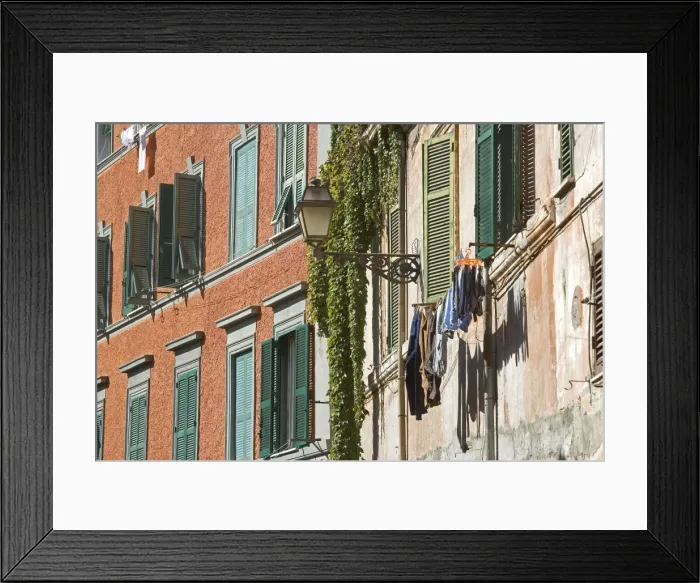 Framed Print : Trastevere - Rome - Italy - street scene with window shutters and laundry Framed Print : Trastevere - Rome - Italy - street scene with window shutters and laundry
