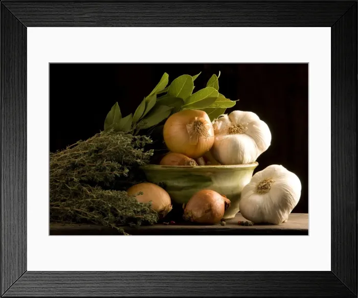 Framed Print : Herbs & Vegetables in bowl - bay leaves, garlic, onions, sage Framed Print : Herbs & Vegetables in bowl - bay leaves, garlic, onions, sage