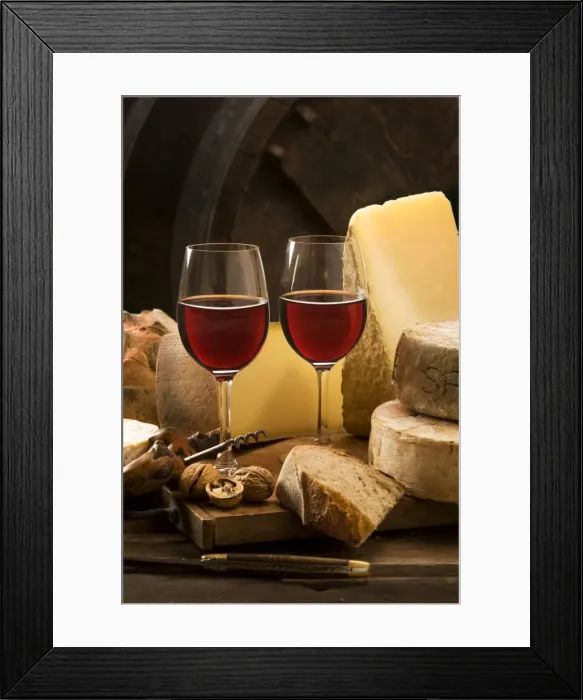 Framed Print : Wine Glasses - with white wine & cheeses Framed Print : Wine Glasses - with white wine & cheeses