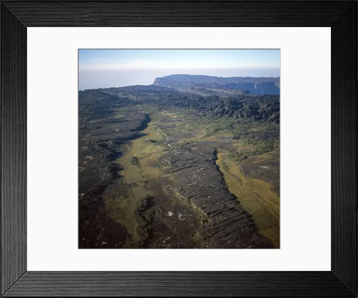 Framed Print : Aerial image of Tepuis, Venezuela, South America: Mount Roraima, swamps and rock labyrinths on summit plateau in Brazilian and Guyanese sectors