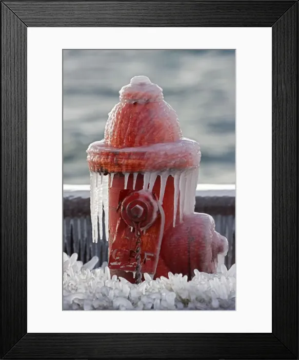 Framed Print : Ice - Red Fire Hydrant with Icicles Surrounded by Ice covered Grass - Near Seneca Lake in Upstate New York - USA Framed Print : Ice - Red Fire Hydrant with Icicles Surrounded by Ice covered Grass - Near Seneca Lake in Upstate New York - USA