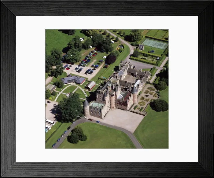 Framed Print : Aerial image of Scotland, UK: Glamis Castle, was the childhood home of Elizabeth Bowes-Lyon (the Queen Mother), village of Glamis, Angus, Scotland Framed Print : Aerial image of Scotland, UK: Glamis Castle, was the childhood home of Elizabeth Bowes-Lyon (the Queen Mother), village of Glamis, Angus, Scotland