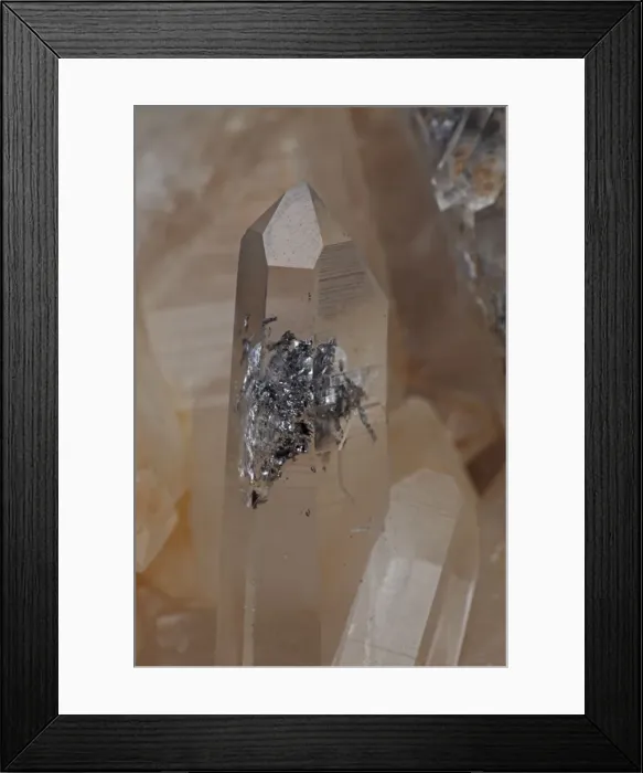 Framed Print : Quartz (SiO2 - silicon dioxide) - The most common mineral on earth - used in making glass - galena inclusions rare Framed Print : Quartz (SiO2 - silicon dioxide) - The most common mineral on earth - used in making glass - galena inclusions rare