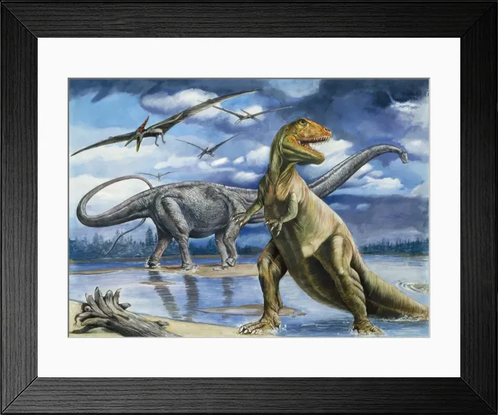 Framed Print : Prehistoric - Tyrannosaurus in foreground with Brontosaurus / Patosaurus behind and Pteranodon. Tyrannosaurus was the most terrifing engine of destruction of the earth and lived during the late Cretaceous (114 millions years ago) Framed Print : Prehistoric - Tyrannosaurus in foreground with Brontosaurus / Patosaurus behind and Pteranodon. Tyrannosaurus was the most terrifing engine of destruction of the earth and lived during the late Cretaceous (114 millions years ago)