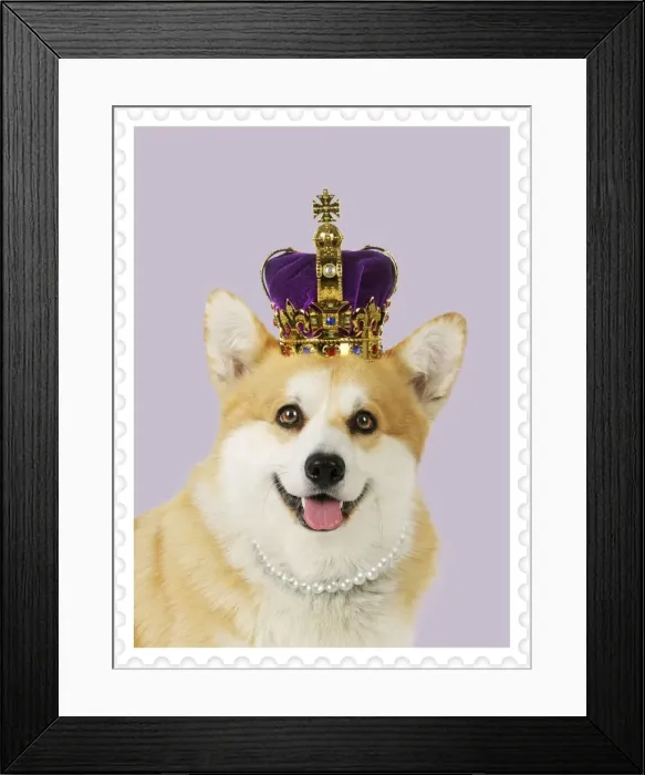 Framed Print : Welsh corgi Dog - wearing crown and pearls - on a stamp background Digital Manipulation: increased pearl size - background colour - stamp edge Framed Print : Welsh corgi Dog - wearing crown and pearls - on a stamp background Digital Manipulation: increased pearl size - background colour - stamp edge