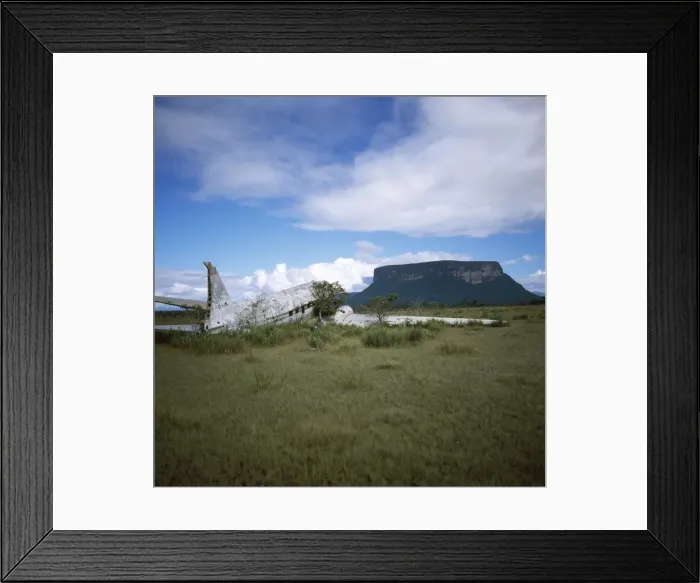 Framed Print : Gran Sabana, Estado Bolivar, Venezuela, South America: crashed DC3 at Alto Carrao with Amauray-tepui in background Framed Print : Gran Sabana, Estado Bolivar, Venezuela, South America: crashed DC3 at Alto Carrao with Amauray-tepui in background
