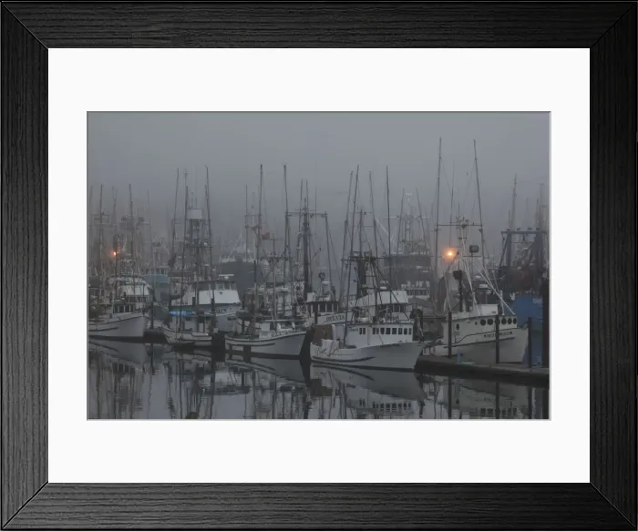 Framed Print : Boats in Harbor - in fog - New Port Oregon - USA Framed Print : Boats in Harbor - in fog - New Port Oregon - USA