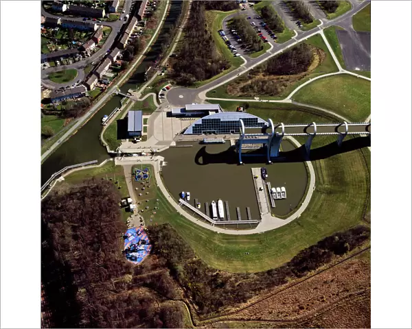 Aerial image of Scotland, UK: The Falkirk Wheel, Falkirk, Scotland, a rotating boat lift connecting the Forth and Clyde Canal with the Union Canal