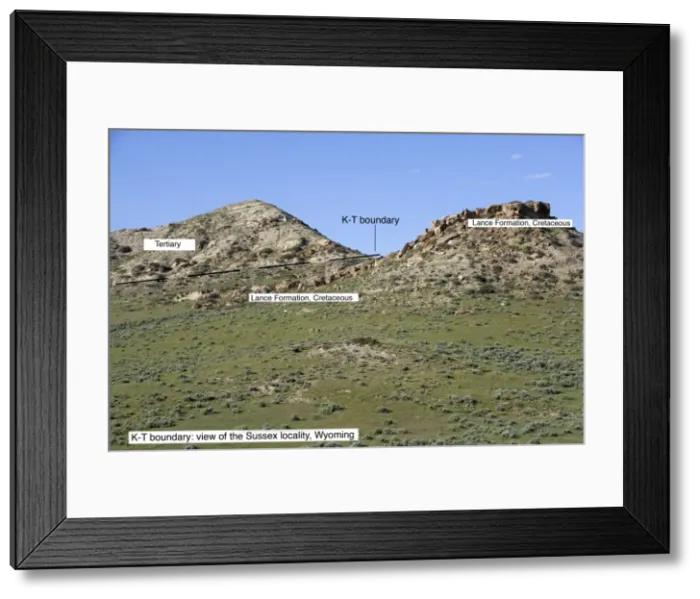 Framed Print : GEOLOGY: K-T boundary site The photo depicts the Sussex locality, north of Casper, Wyoming, USA. The boundary layer is indicated by the line on the photograph Framed Print : GEOLOGY: K-T boundary site The photo depicts the Sussex locality, north of Casper, Wyoming, USA. The boundary layer is indicated by the line on the photograph
