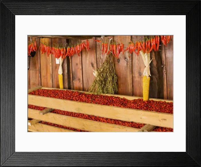Framed Print : Rose-hips collected for drying for use in herbal tea and jams, with maize and chilli peppers; Crit, saxon village, Transylvania, Romania Framed Print : Rose-hips collected for drying for use in herbal tea and jams, with maize and chilli peppers; Crit, saxon village, Transylvania, Romania