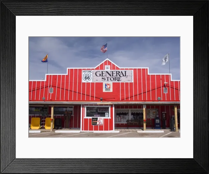 Framed Print : Historic Seligman - brightly painted General Store in Western Style in Seligman, the alleged birthplace of historic Route 66 - Route 66, Arizona, USA Framed Print : Historic Seligman - brightly painted General Store in Western Style in Seligman, the alleged birthplace of historic Route 66 - Route 66, Arizona, USA