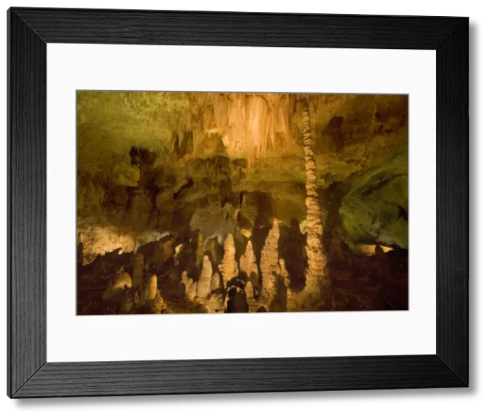 Framed Print : Cave Formations - amazing cave formations including a formation of draperies called The Chandeler and a stalagmite called Totempole as focus points - Carlsbad Caverns National Park, New Mexico, USA Framed Print : Cave Formations - amazing cave formations including a formation of draperies called The Chandeler and a stalagmite called Totempole as focus points - Carlsbad Caverns National Park, New Mexico, USA