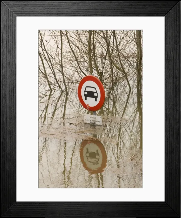 Framed Print : Traffic sign No cars allowed Flooded forelands of the river IJssel, The Netherlands in early spring Framed Print : Traffic sign No cars allowed Flooded forelands of the river IJssel, The Netherlands in early spring