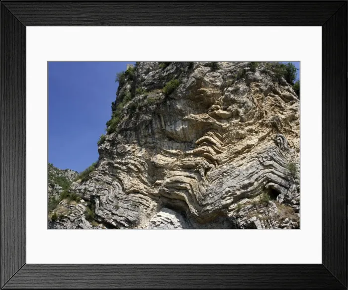 Framed Print : Geology - Rock formations, showing rock layers / folds. Remuzat - Drome - France Framed Print : Geology - Rock formations, showing rock layers / folds. Remuzat - Drome - France