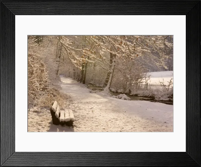 Framed Print : Frosty Winter Scene - deep snow covered winter landscape showing a foot path along a creek and a bench - Swabian Alb - Baden-Wuerttemberg - Germany