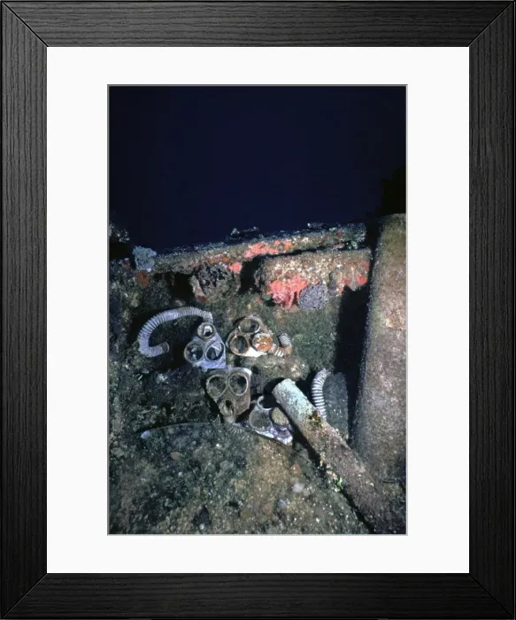 Framed Print : Gas masks - Lying on a Japanese war time wreck 100 feet down in Truk Lagoon. Truk Islands Framed Print : Gas masks - Lying on a Japanese war time wreck 100 feet down in Truk Lagoon. Truk Islands