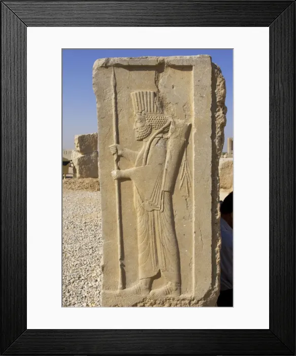 Framed Print : Relief carving, Persepolis, Iran. Relief carving depicting a Persian officer Framed Print : Relief carving, Persepolis, Iran. Relief carving depicting a Persian officer