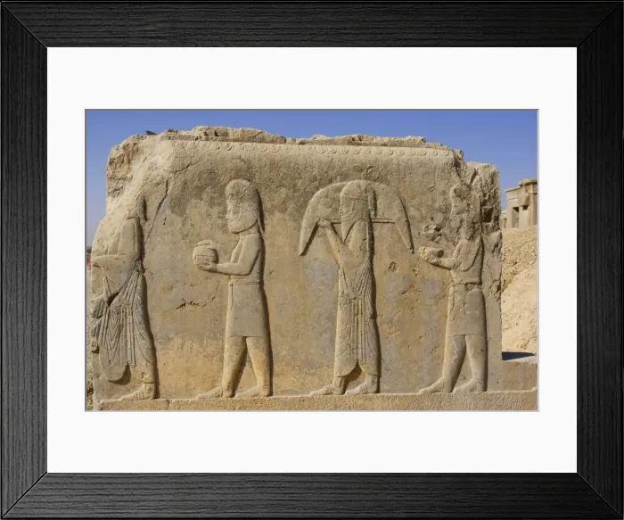 Framed Print : Doorway, Persepolis, Iran. Relief carving depicting representatives of subject nations bringing gifts to the Persian kings Framed Print : Doorway, Persepolis, Iran. Relief carving depicting representatives of subject nations bringing gifts to the Persian kings