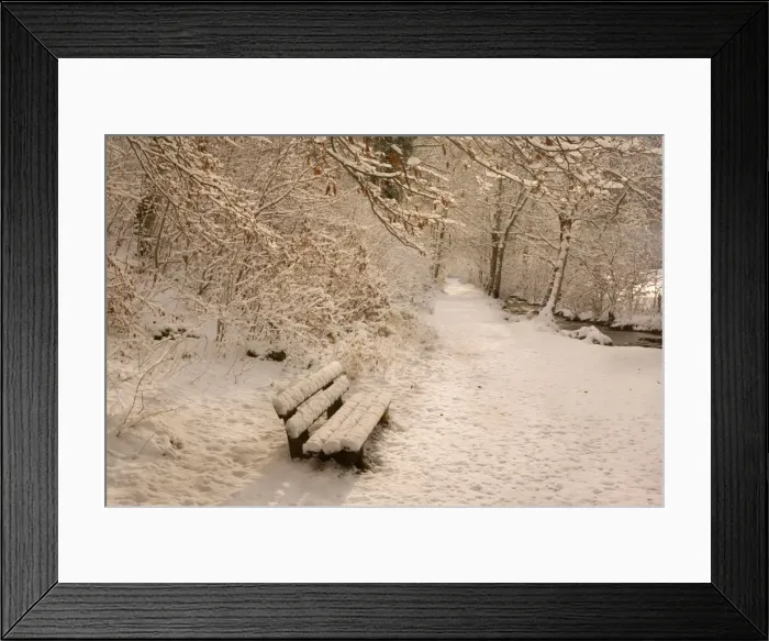 Framed Print : Frosty Winter Scene - deep snow covered winter landscape showing a foot path along a creek and a bench - Swabian Alb - Baden-Wuerttemberg - Germany Framed Print : Frosty Winter Scene - deep snow covered winter landscape showing a foot path along a creek and a bench - Swabian Alb - Baden-Wuerttemberg - Germany