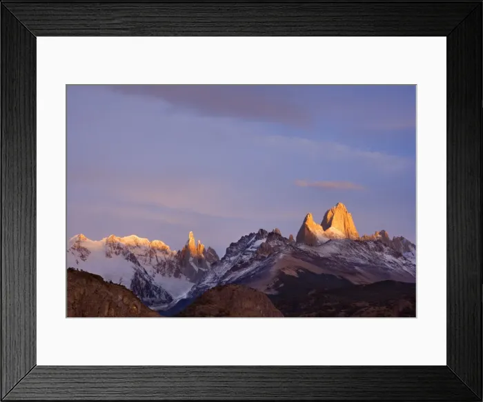 Framed Print : Fitz Roy Massif - at sunrise - mountain scenery including Cerro Torre and Cerro Fitz Roy at sunrise - Los Glaciares National Park - Patagonia - Argentina - South America