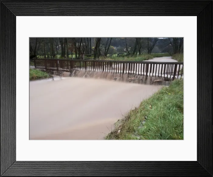 Framed Print : Flash flood - damage to footbridge after torrential autumn rain - Lower Saxony - Germany Framed Print : Flash flood - damage to footbridge after torrential autumn rain - Lower Saxony - Germany