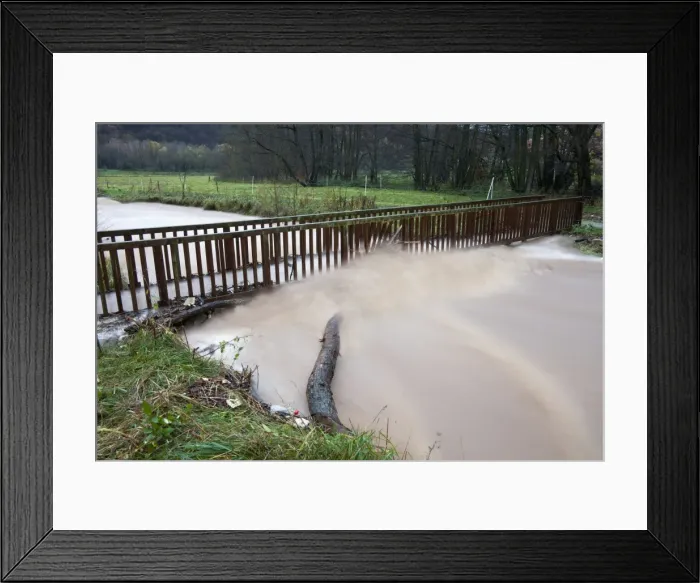 Framed Print : Flash flood - damage to footbridge after torrential autumn rain - Lower Saxony - Germany Framed Print : Flash flood - damage to footbridge after torrential autumn rain - Lower Saxony - Germany