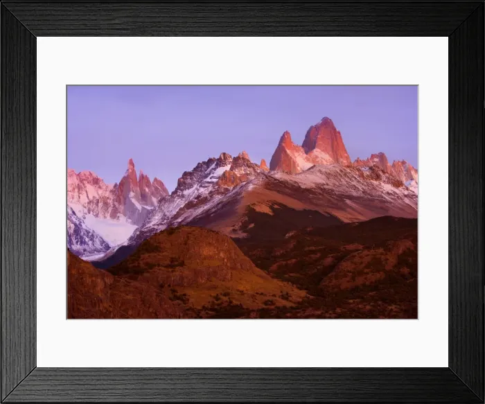 Framed Print : Fitz Roy Massif - at sunrise - mountain scenery including Cerro Torre and Cerro Fitz Roy at sunrise - Los Glaciares National Park - Patagonia - Argentina - South America Framed Print : Fitz Roy Massif - at sunrise - mountain scenery including Cerro Torre and Cerro Fitz Roy at sunrise - Los Glaciares National Park - Patagonia - Argentina - South America