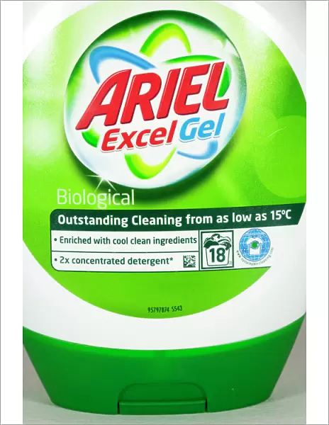 Ariel low temperature washing powder gel - Close up of plastic bottle UK