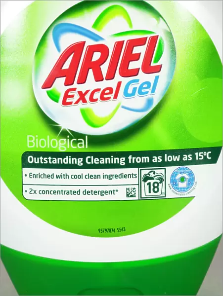 Ariel low temperature washing powder gel - Close up of plastic bottle UK