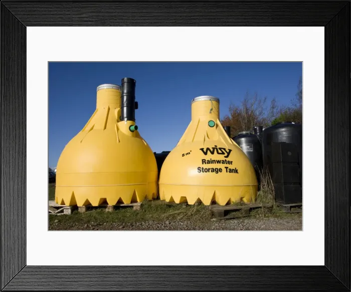 Framed Print : Tanks - Large yellow plastic Wisy rainwater storage tank. Green Shop Bisley UK Framed Print : Tanks - Large yellow plastic Wisy rainwater storage tank. Green Shop Bisley UK