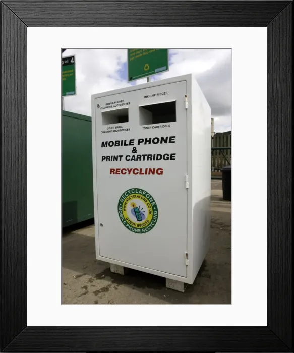 Framed Print : Special box for recycling mobile phones and used printer inkjet and laser cartidges Cory Environmental Gloucestershire domestic landfill site UK Framed Print : Special box for recycling mobile phones and used printer inkjet and laser cartidges Cory Environmental Gloucestershire domestic landfill site UK
