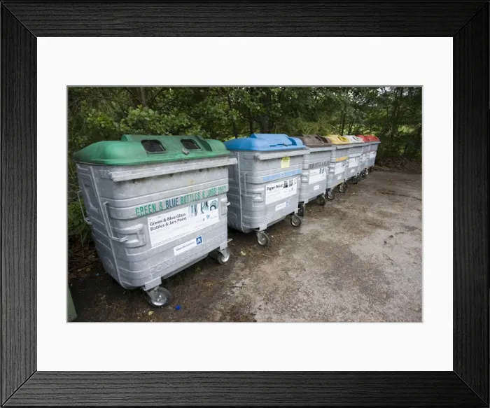 Framed Print : Variety of recycling bins Balmoral car park Royal Deeside Scotland UK Framed Print : Variety of recycling bins Balmoral car park Royal Deeside Scotland UK