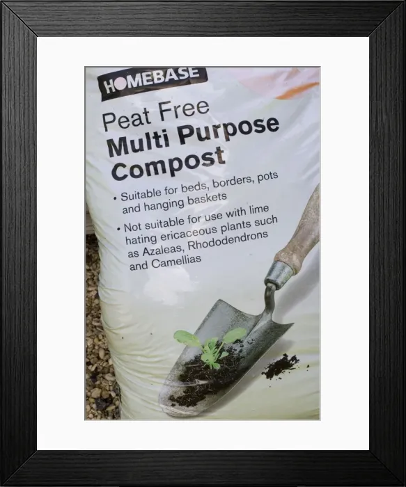 Framed Print : Sack of peat free multi purpose compost, Cotswolds, UK Framed Print : Sack of peat free multi purpose compost, Cotswolds, UK