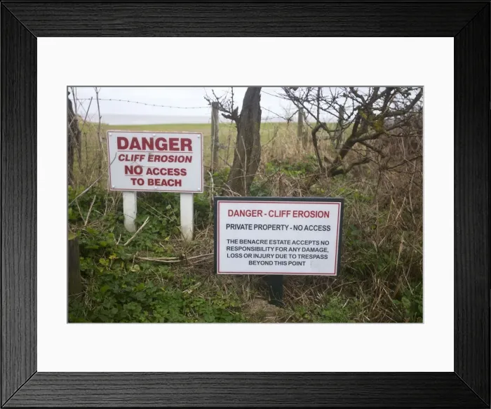 Framed Print : Signs at Covehithe telling of the danger of cliff erosion - Suffolk Framed Print : Signs at Covehithe telling of the danger of cliff erosion - Suffolk
