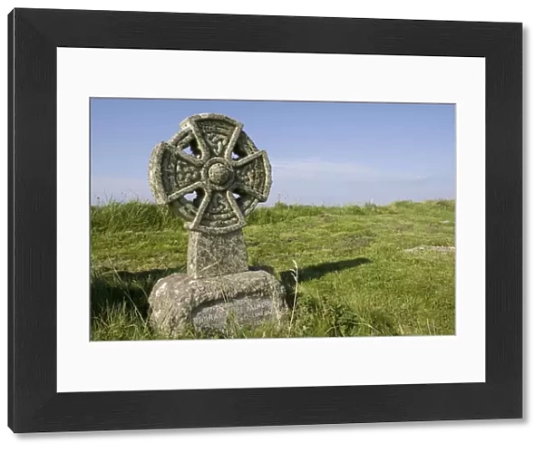 Churchyard - old celtic cross covered in lichens. Tintagel North Cornwall Coast UK