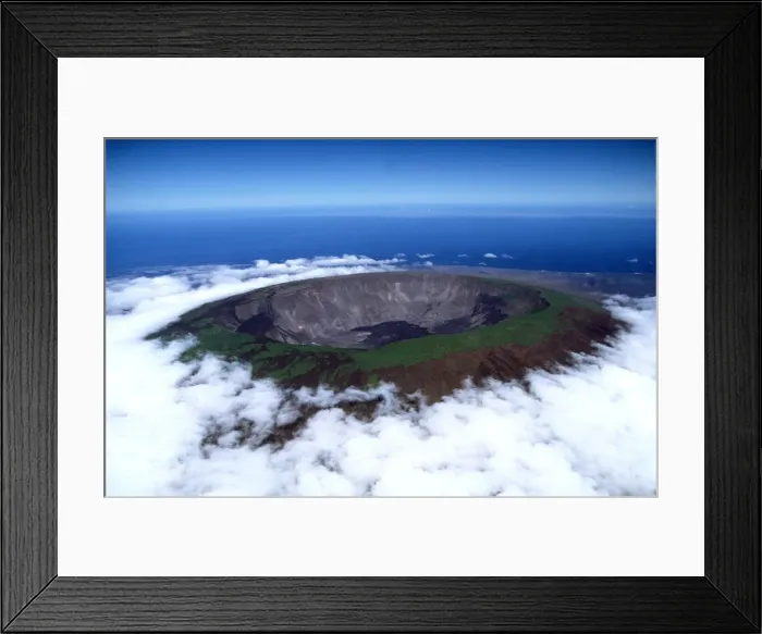 Framed Print : Ecuador Galapagos Islands - Aerial view of Fernandina Island - Volcan Fernandina crater with low cloud in the garua season AU-1554