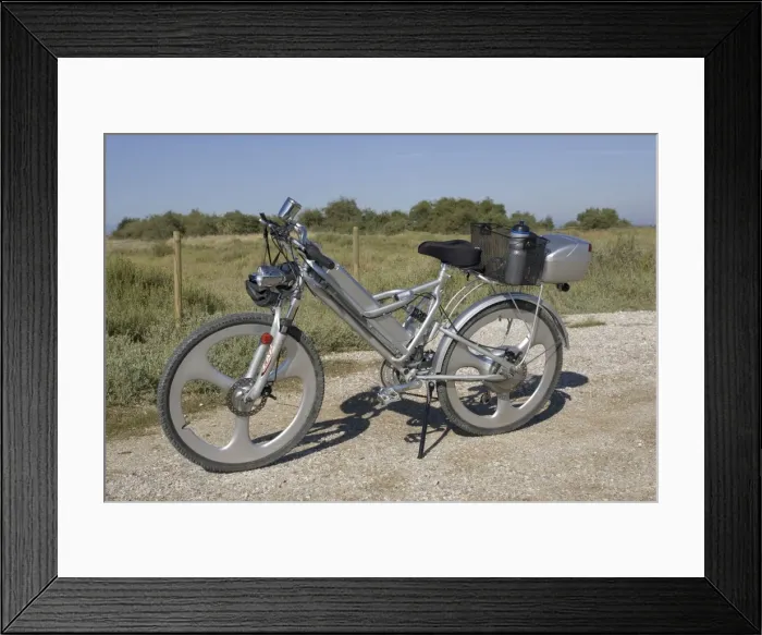 Framed Print : Modern electric bicycle with strong but lightweight frame, solid wheels, disk brakes, and special luggage carriers, France Framed Print : Modern electric bicycle with strong but lightweight frame, solid wheels, disk brakes, and special luggage carriers, France
