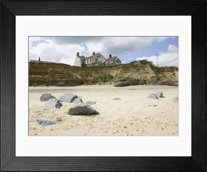 Framed Print : Collapsing houses on cliff edge severe coastal erosion Happisburgh North Norfolk Coast UK Framed Print : Collapsing houses on cliff edge severe coastal erosion Happisburgh North Norfolk Coast UK