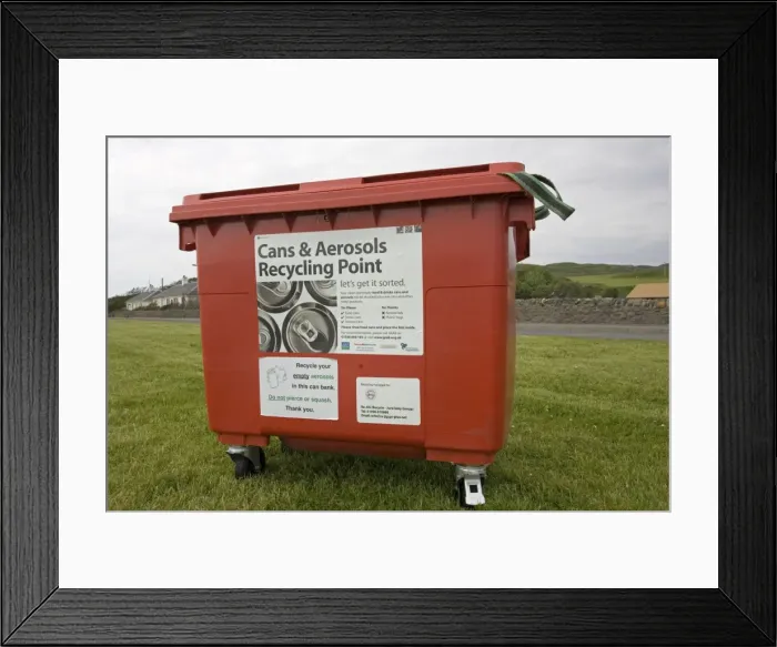 Framed Print : Cans and aerosol recycling bin Port Ellen Isle of Islay Scotland UK Framed Print : Cans and aerosol recycling bin Port Ellen Isle of Islay Scotland UK