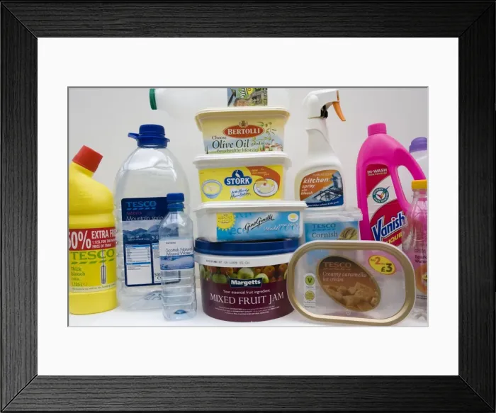 Framed Print : Plastic - variety of household items in plastic packaging including food containers, ice cream, magaraine, jam, drink,s cleaning fluids, milk and water UK waste PET (Polyethylene terephthalate) Framed Print : Plastic - variety of household items in plastic packaging including food containers, ice cream, magaraine, jam, drink,s cleaning fluids, milk and water UK waste PET (Polyethylene terephthalate)