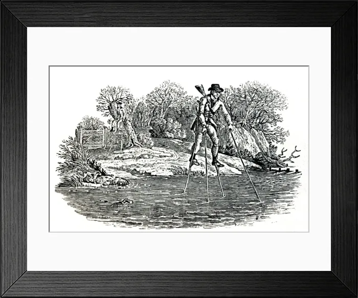 Framed Print : Illustration - Walking on stilts to cross a stream, woodcut by Thomas Bewick Framed Print : Illustration - Walking on stilts to cross a stream, woodcut by Thomas Bewick