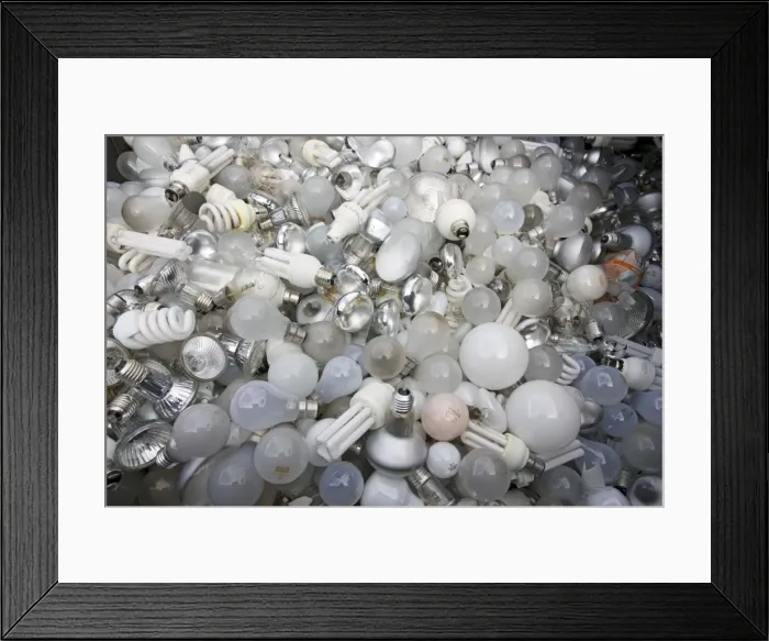 Framed Print : Hundreds of used light bulbs and low energy lamps in recycling bin Cory Environmental landfill site Gloucestershire UK Framed Print : Hundreds of used light bulbs and low energy lamps in recycling bin Cory Environmental landfill site Gloucestershire UK