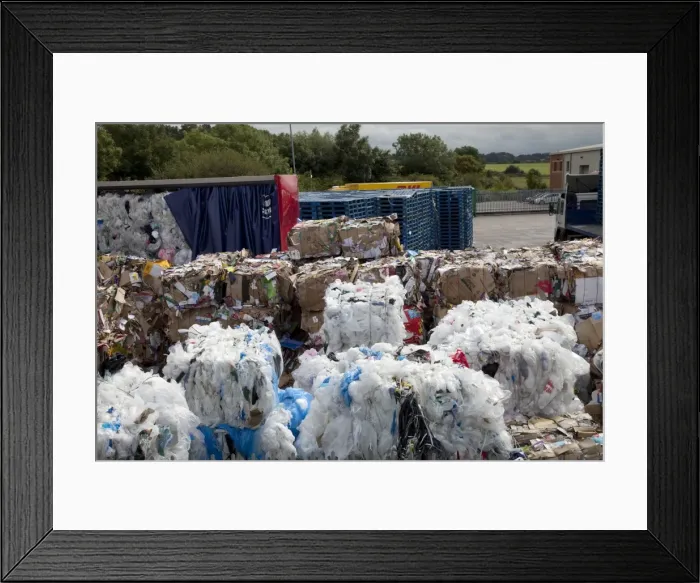 Framed Print : Bales of plastic and cardboard waste for recycling outside Morrisons warehouse Bristol UK Framed Print : Bales of plastic and cardboard waste for recycling outside Morrisons warehouse Bristol UK