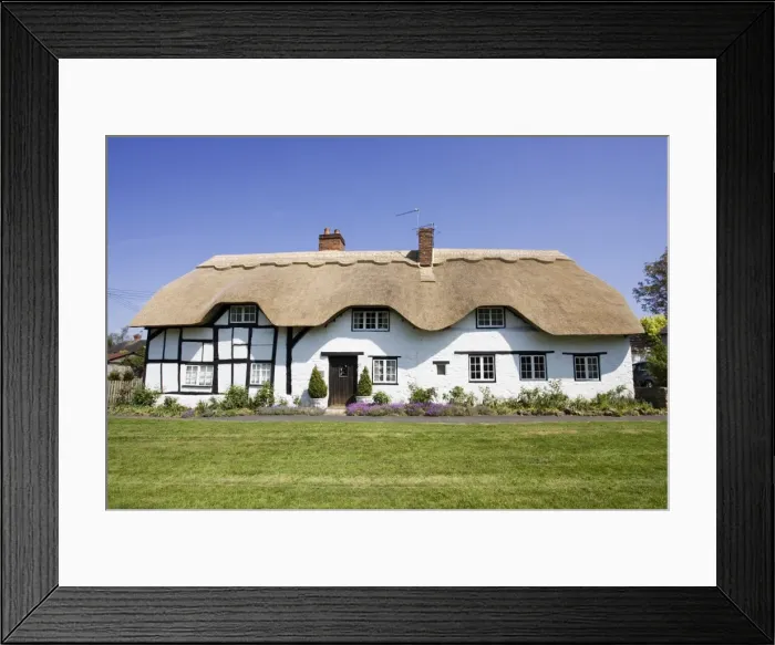 Framed Print : House - Newly thatched 16th century black and white half timbered cottage near Stratford upon Avon Warks UK. Originally four small cottages the property has been attractively merged into a single dwelling Framed Print : House - Newly thatched 16th century black and white half timbered cottage near Stratford upon Avon Warks UK. Originally four small cottages the property has been attractively merged into a single dwelling