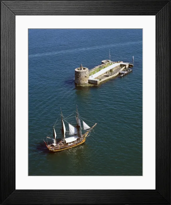 Framed Print : Fort Denison (Pinchgut) aerial, with the ‘Bounty replica sailing nearby, Sydney Harbour National Park, Sydney, New South Wales, Australia JPF46921 Framed Print : Fort Denison (Pinchgut) aerial, with the ‘Bounty replica sailing nearby, Sydney Harbour National Park, Sydney, New South Wales, Australia JPF46921