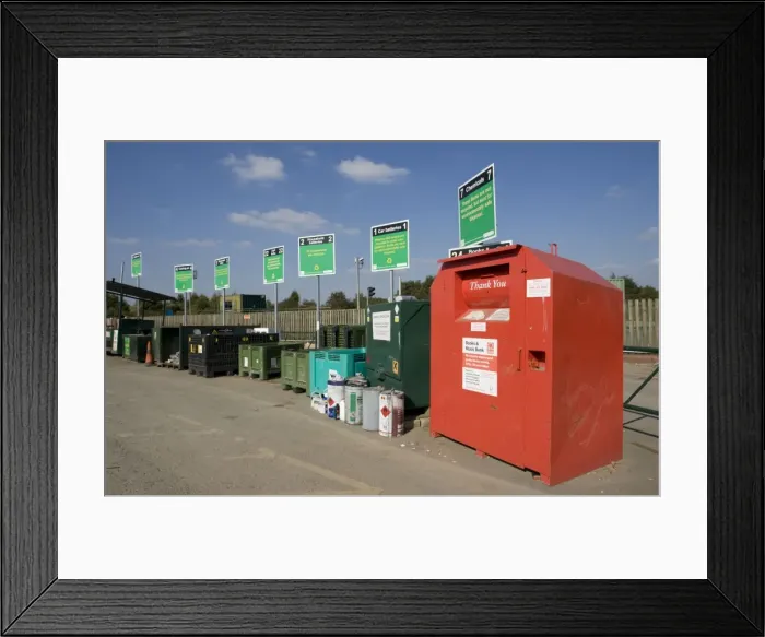 Framed Print : Range skips for domestic recycling - Wingmoor Farm site - Stoke Orchard Cheltenham - UK Framed Print : Range skips for domestic recycling - Wingmoor Farm site - Stoke Orchard Cheltenham - UK